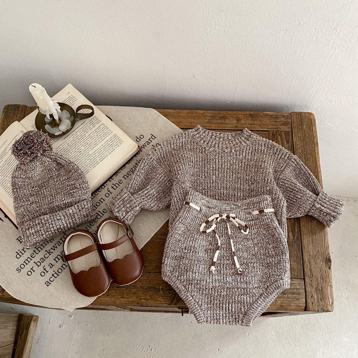 Infant Girl Knitted Hat, Top and Shorts 3-piece Set