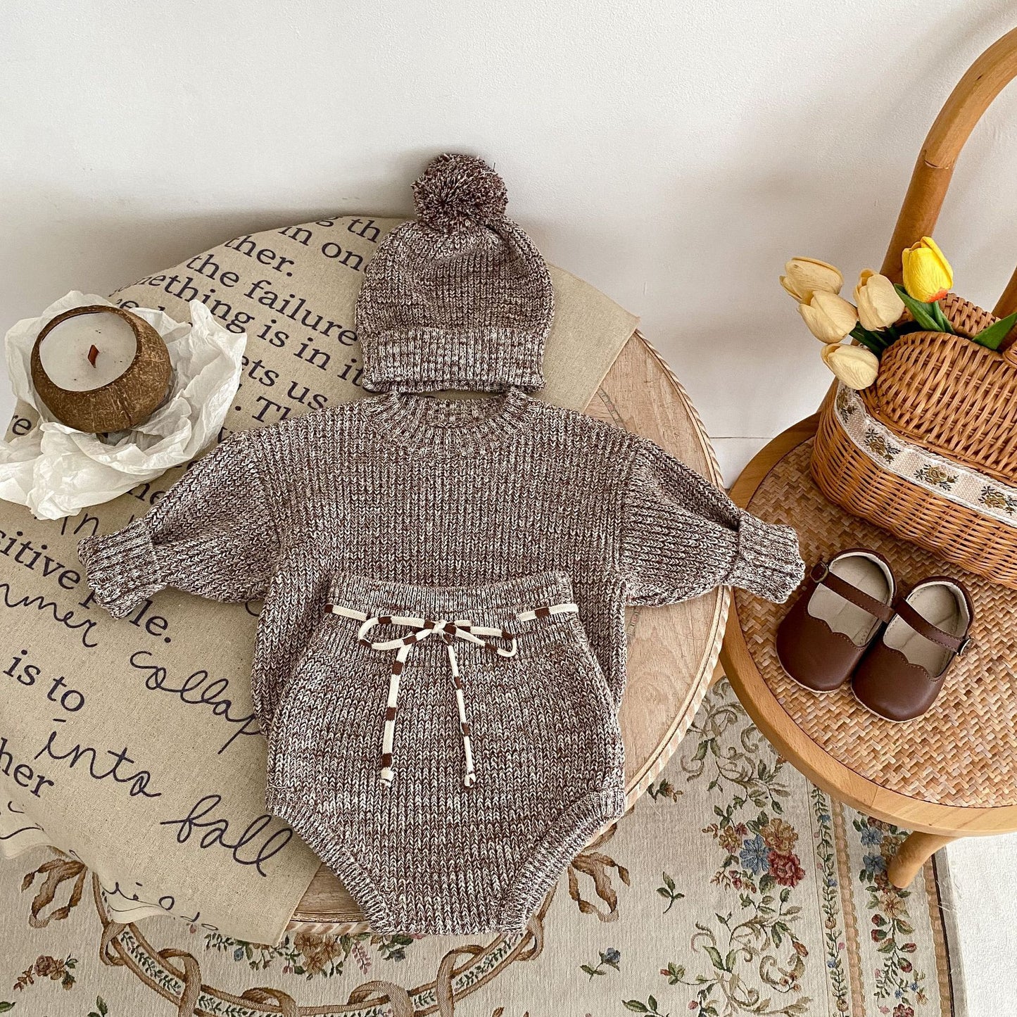 Infant Girl Knitted Hat, Top and Shorts 3-piece Set